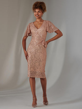 All Over Sequin Dress Midi Dress, Rose Gold