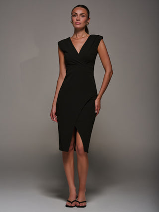 V-Neck Split Hem Bodycon Midi Dress, Black