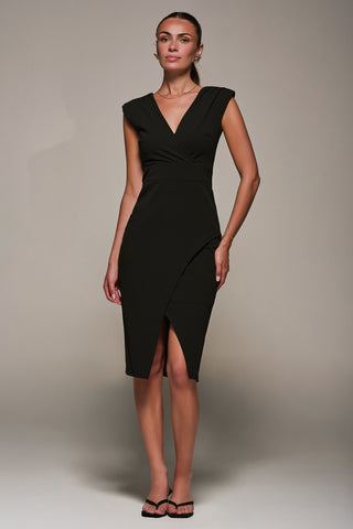 V-Neck Split Hem Bodycon Midi Dress, Black