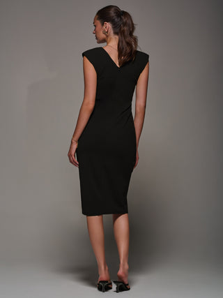 V-Neck Split Hem Bodycon Midi Dress, Black