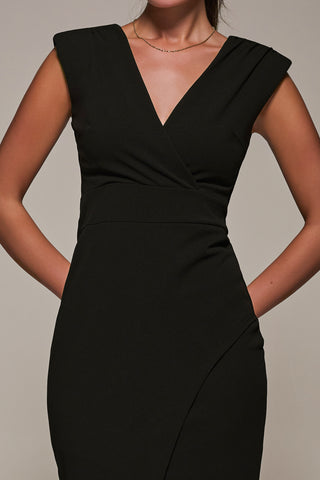 V-Neck Split Hem Bodycon Midi Dress, Black