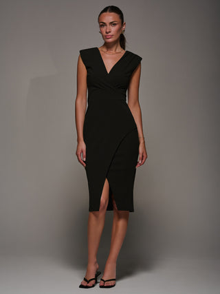 V-Neck Split Hem Bodycon Midi Dress, Black