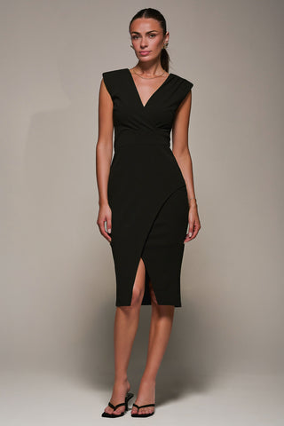 V-Neck Split Hem Bodycon Midi Dress, Black