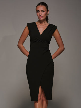 V-Neck Split Hem Bodycon Midi Dress, Black