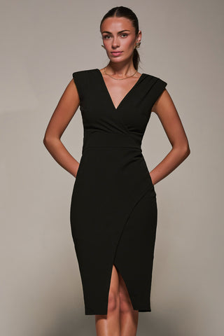 V-Neck Split Hem Bodycon Midi Dress, Black