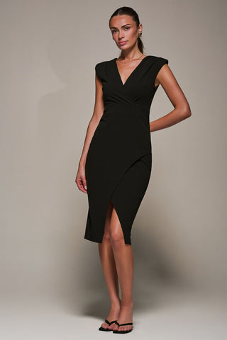 V-Neck Split Hem Bodycon Midi Dress, Black