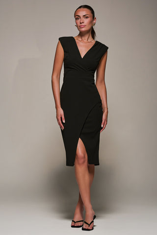 V-Neck Split Hem Bodycon Midi Dress, Black