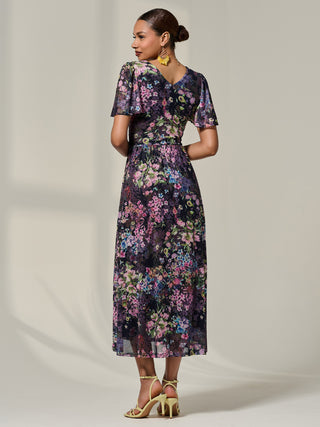 Floral Mesh Angel Sleeve Midaxi Dress, Floral Multi