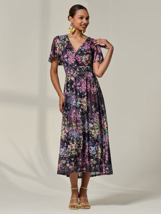 Floral Mesh Angel Sleeve Midaxi Dress, Floral Multi