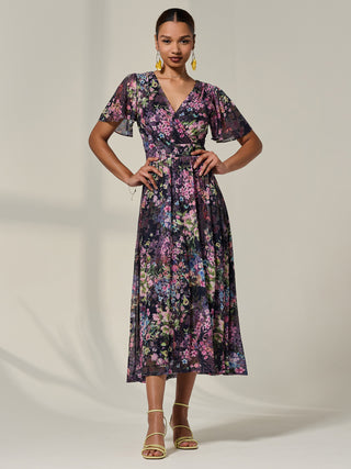 Floral Mesh Angel Sleeve Midaxi Dress, Floral Multi