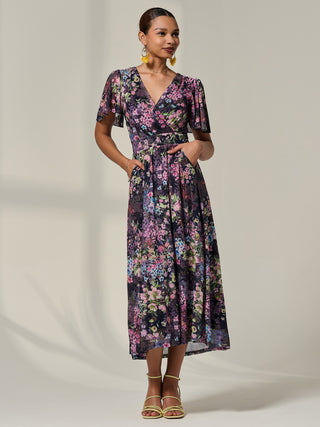 Floral Mesh Angel Sleeve Midaxi Dress, Floral Multi