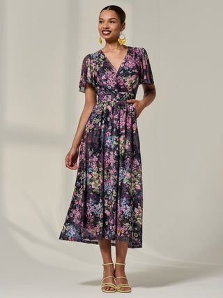 Floral Mesh Angel Sleeve Midaxi Dress, Floral Multi