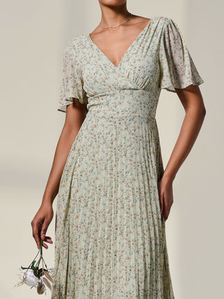 Floral Pleated Dip Hem Maxi Dress Green Floral