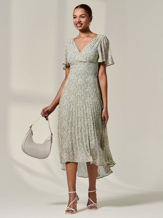 Floral Pleated Dip Hem Maxi Dress Green Floral