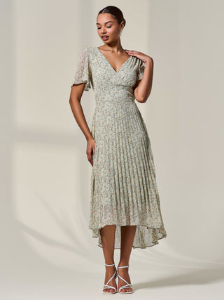 Floral Pleated Dip Hem Maxi Dress Green Floral