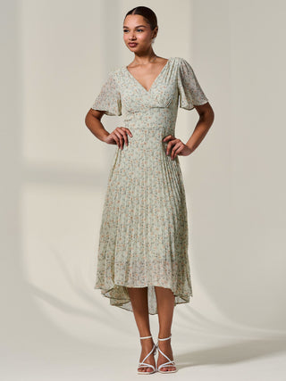 Floral Pleated Dip Hem Maxi Dress Green Floral