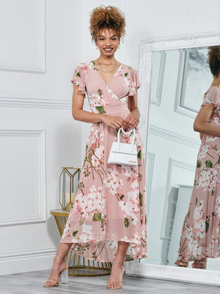 Jolie Moi Eleanor Wrap Mesh Maxi Dress, Pink Floral