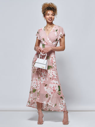 Jolie Moi Eleanor Wrap Mesh Maxi Dress, Pink Floral