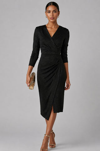 Metallic Wrap Bodycon Dress, Black