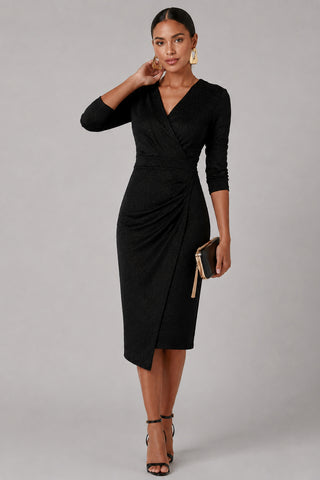 Metallic Wrap Bodycon Dress, Black