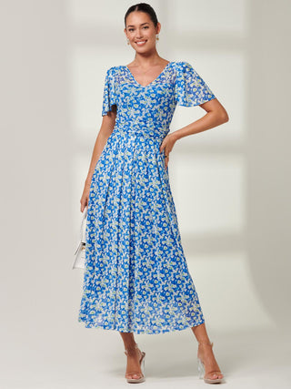 Bianca V-Neck Pleated Mesh Maxi Dress, Blue Floral