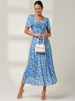 Bianca V-Neck Pleated Mesh Maxi Dress, Blue Floral