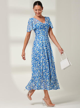 Bianca V-Neck Pleated Mesh Maxi Dress, Blue Floral