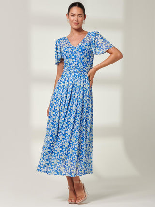 Bianca V-Neck Pleated Mesh Maxi Dress, Blue Floral