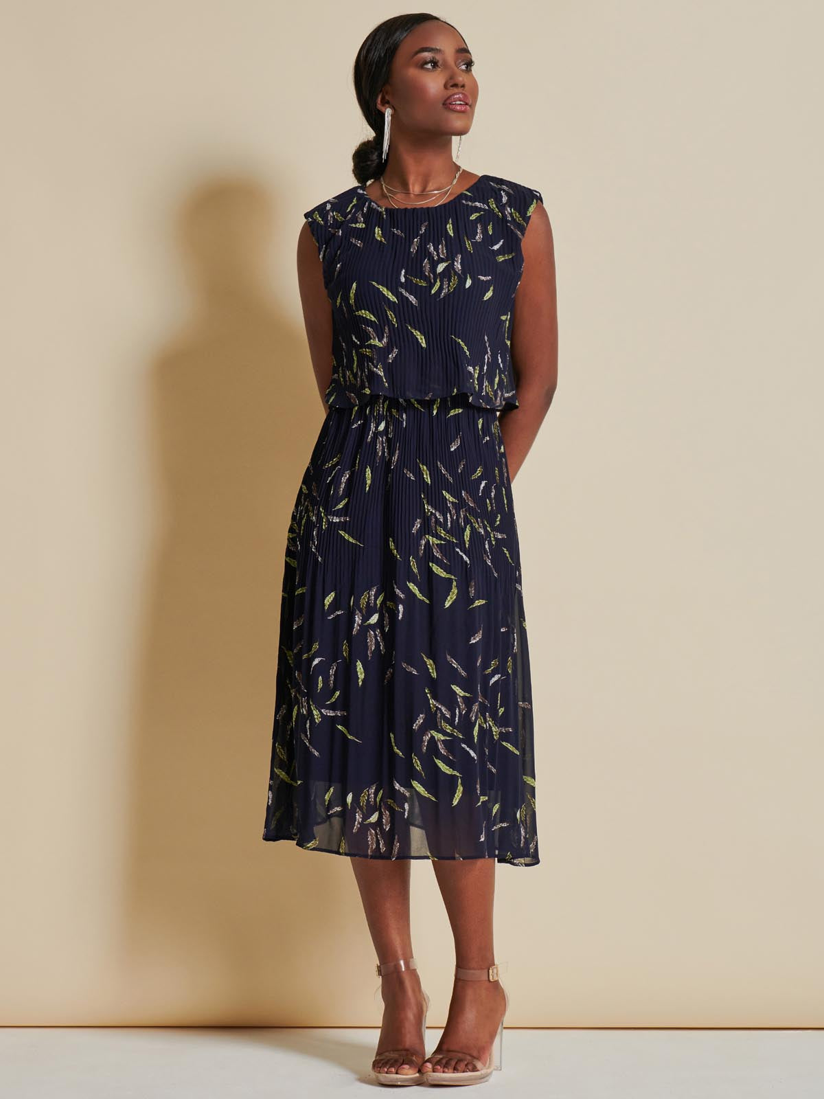 Chiffon Pleated Overlay Midi Dress Navy Leafy Jolie Moi Retail