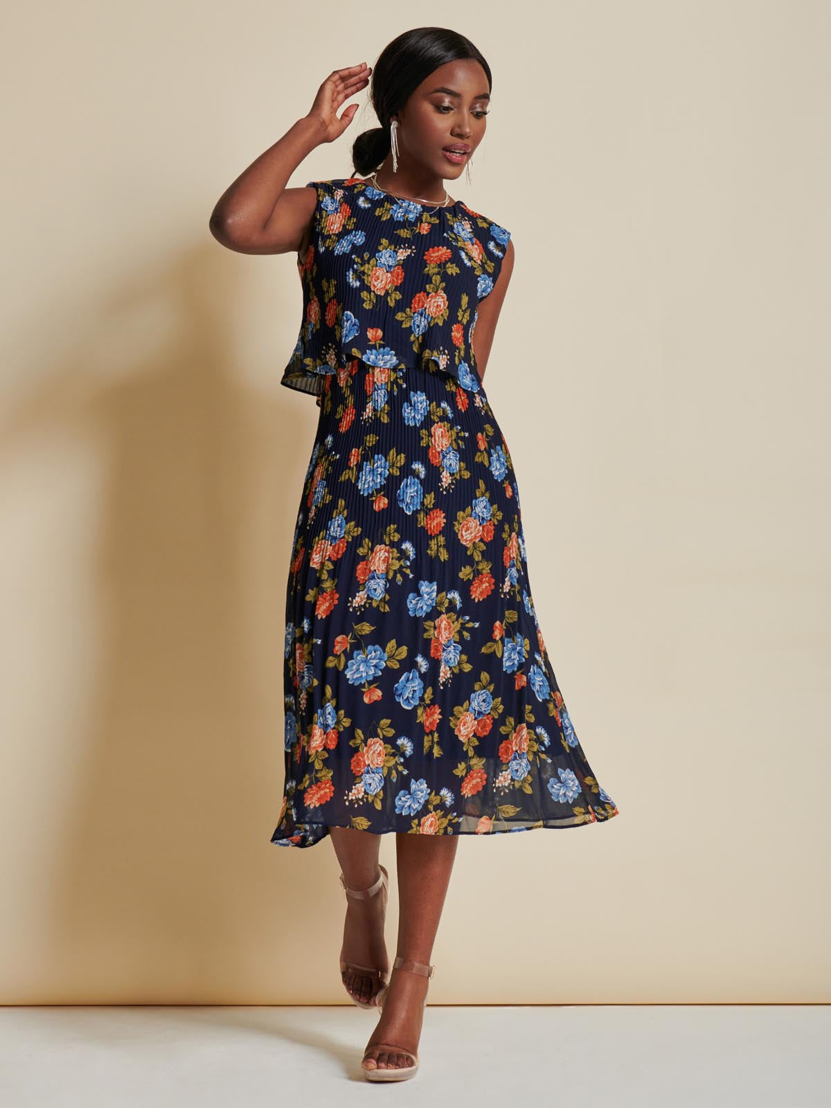 Chiffon Pleated Overlay Midi Dress Navy Orange Floral Jolie Moi Retail