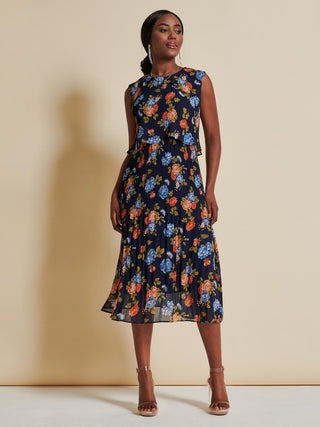 Chiffon Pleated Overlay Midi Dress, Navy Orange Floral Jolie Moi Retail Chiffon Pleated Overlay Midi Dress, Navy Orange Floral Jolie Moi Retail