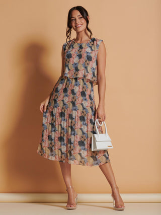 Chiffon Pleated Overlay Midi Dress, Pink Multi – Jolie Moi Retail