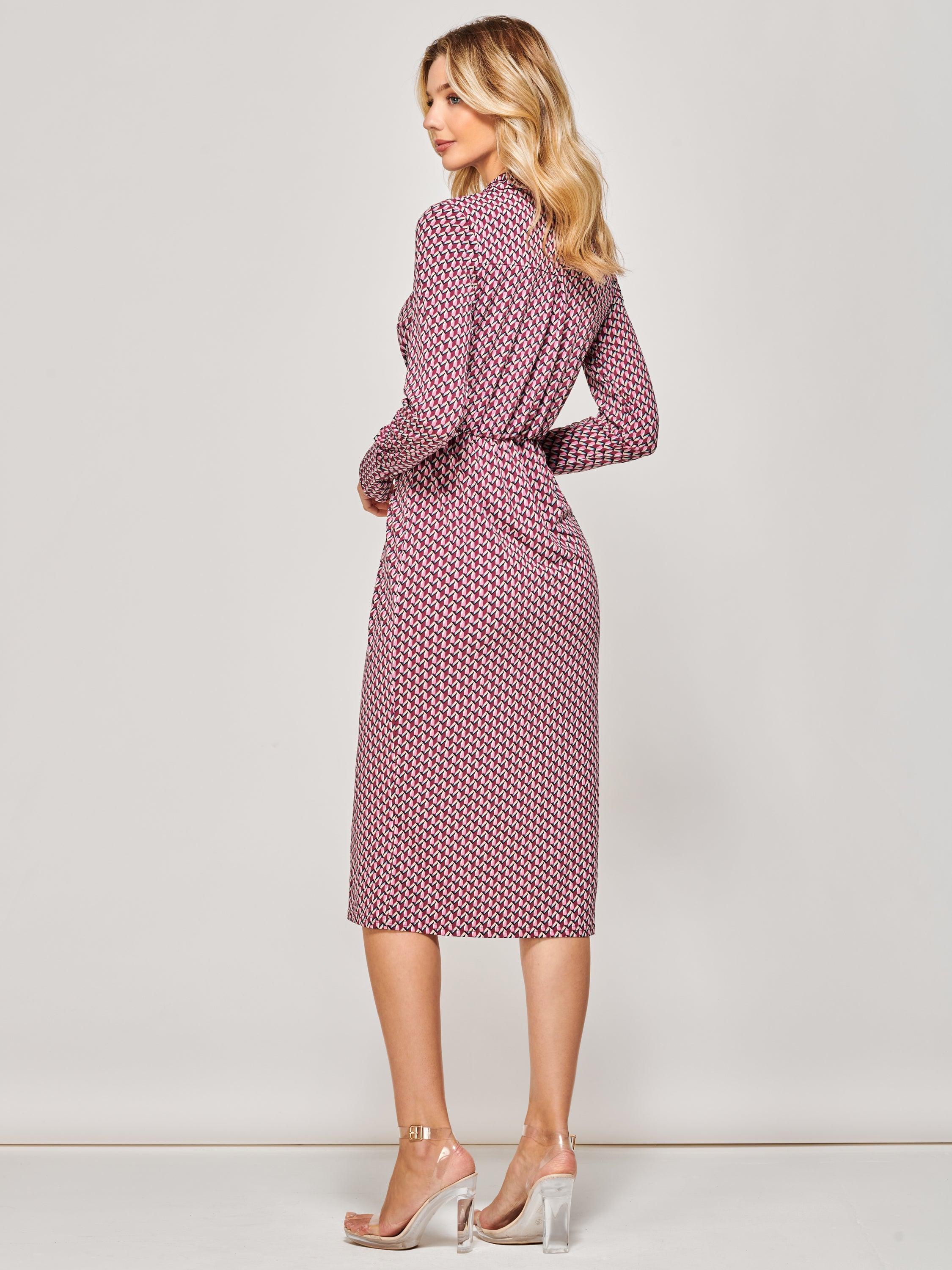 Long Sleeve Wrap Midi Shirt Dress Pink Geometric