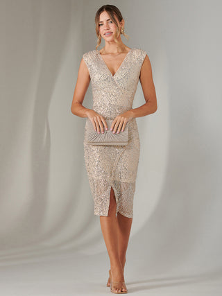 beige bodycon dress Demi Sequin Wrap Slit Bodycon Dress, Beige Silver – Jolie Moi Retail