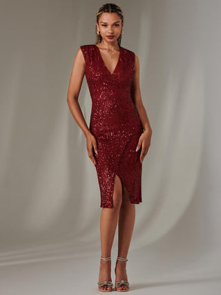 Demi Sequin Wrap Slit Bodycon Dress, Dark Red