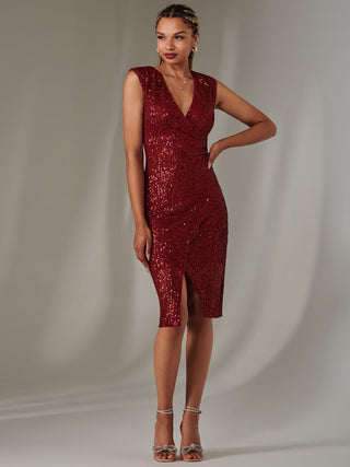 Demi Sequin Wrap Slit Bodycon Dress, Dark Red