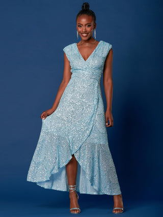 Sequin High Low Hem Maxi Dress, Light Blue