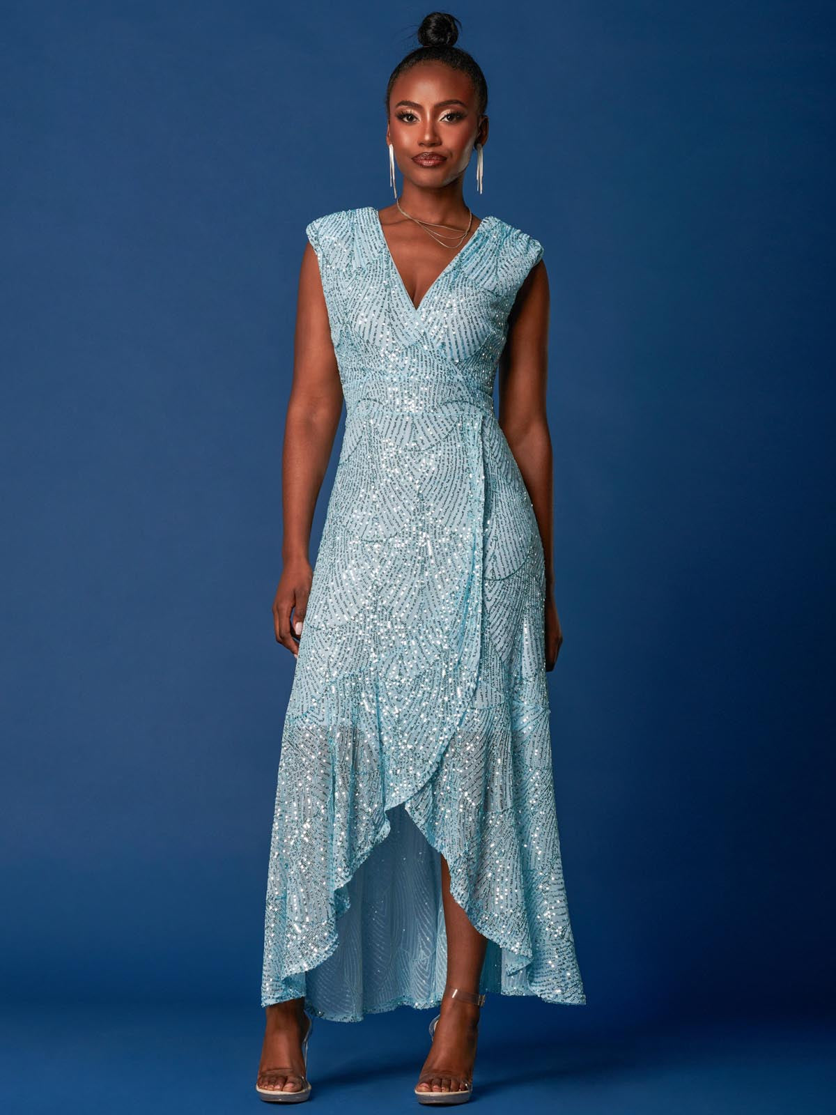 Sequin High Low Hem Maxi Dress Light Blue Jolie Moi Retail