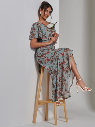 Printed Mesh Frill Dip Hem Dress