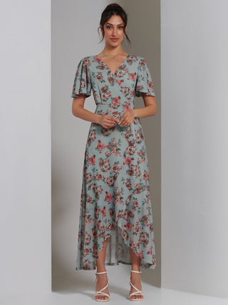 Printed Mesh Frill Dip Hem Dress