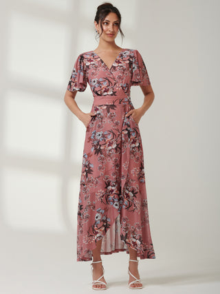 Printed Mesh Frill Dip Hem Dress, Pink Floral