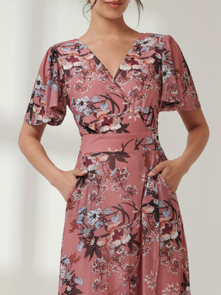 Printed Mesh Frill Dip Hem Dress, Pink Floral