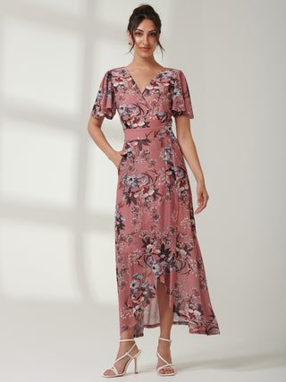 Printed Mesh Frill Dip Hem Dress, Pink Floral