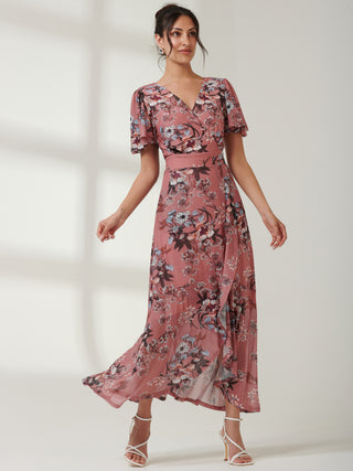Printed Mesh Frill Dip Hem Dress, Pink Floral