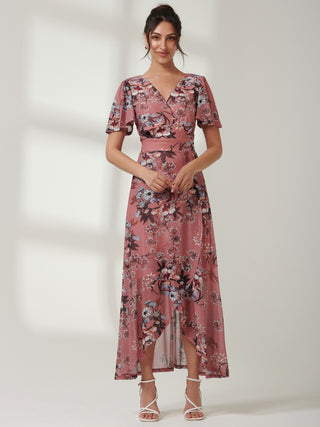 Printed Mesh Frill Dip Hem Dress, Pink Floral