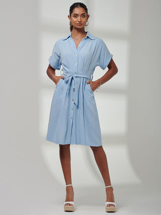 Olivea Linen Drop Shoulder Shirt Dress, Blue