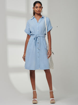 Olivea Linen Drop Shoulder Shirt Dress, Blue