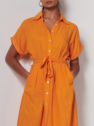 Olivea Linen Drop Shoulder Shirt Dress, Orange
