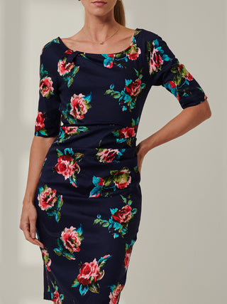 Scoop Neck Sleeved Pencil Dress, Navy Floral