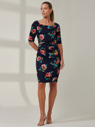 Scoop Neck Sleeved Pencil Dress, Navy Floral
